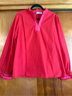 Bright Red Poplin Tunic with Pink Trim